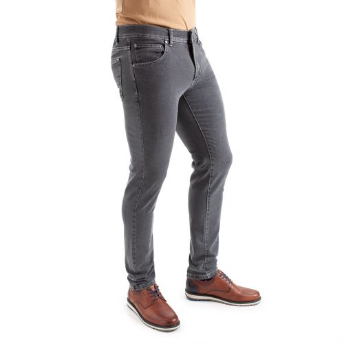Color gris ceniza - Pantalón vaquero para hombre Jeans 5 bolsillos de vaquero gris medio ceniza de algodón con lycra e hilo a contraste