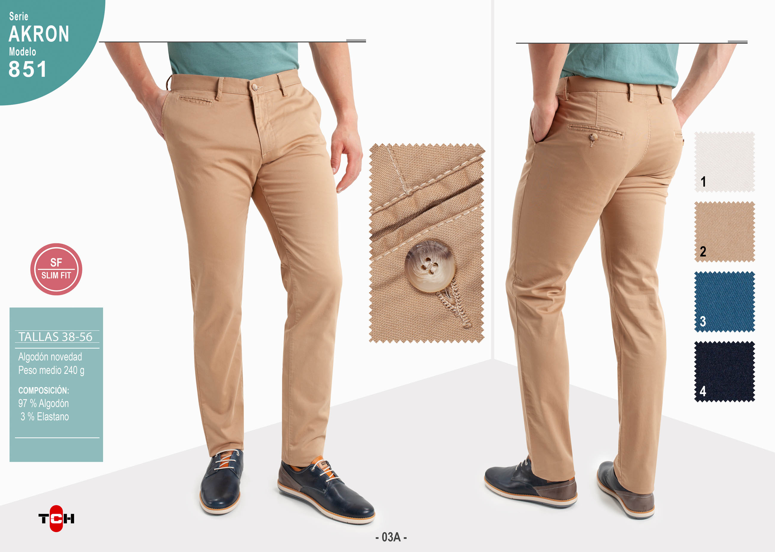 Pantalón Sport hombre marca TCH tipo chino en colores en Algodón con lycra elástico. Slim fit