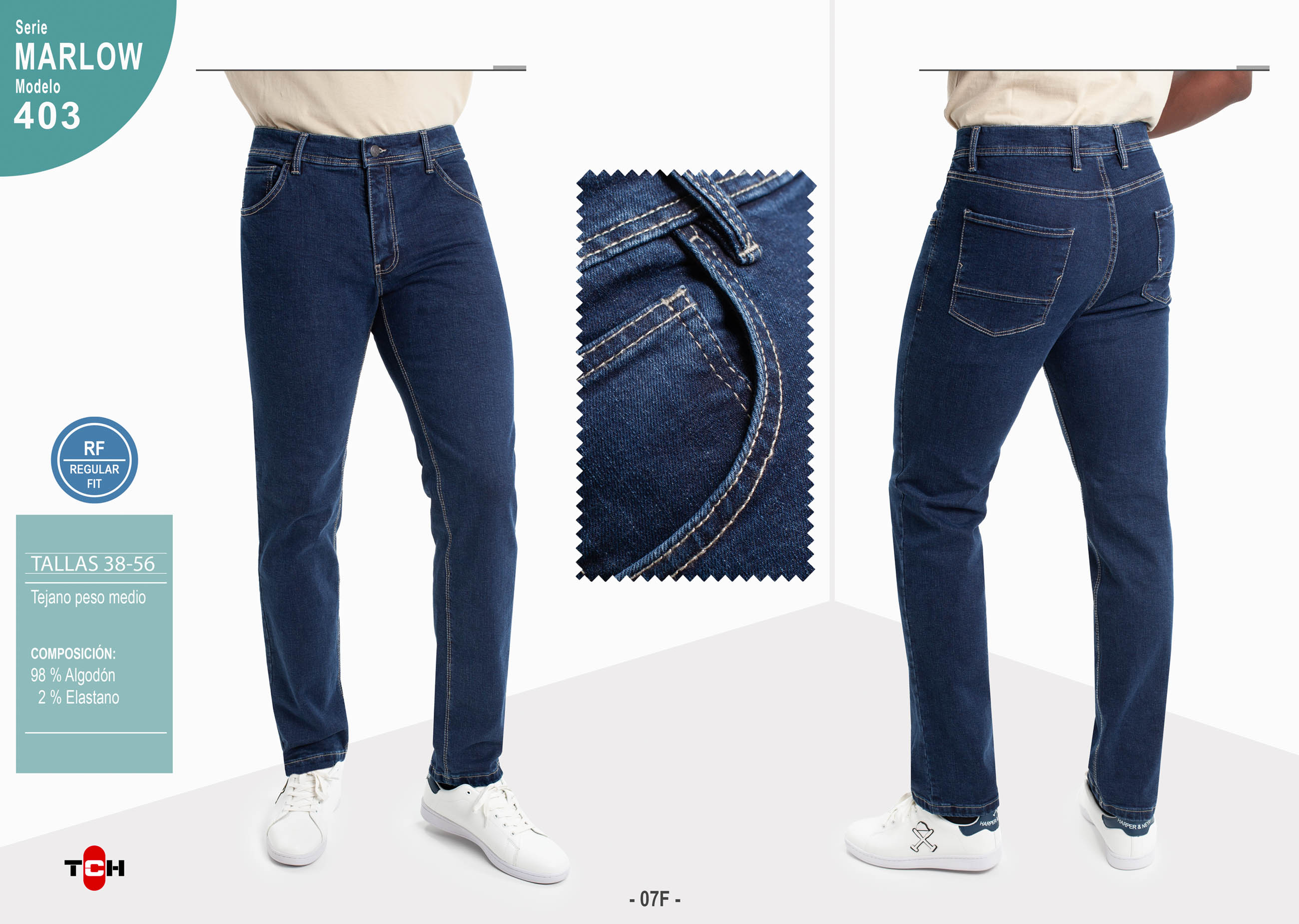 Jeans para hombre, pantalón vaquero en tejido denim azul piedra de algodón y poliester bolsillo trasero con corte con lycra e hilo a contraste en línea Regular Fit.