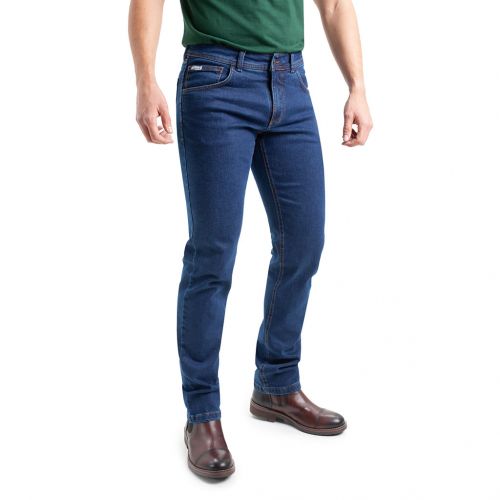 Color azul lavado piedra rozado - Jeans para hombre, pantalón vaquero en tejido denim azul desgastado piedra de algodón con lycra e hilo a contraste y corte bolsillo en línea Regular Fit.