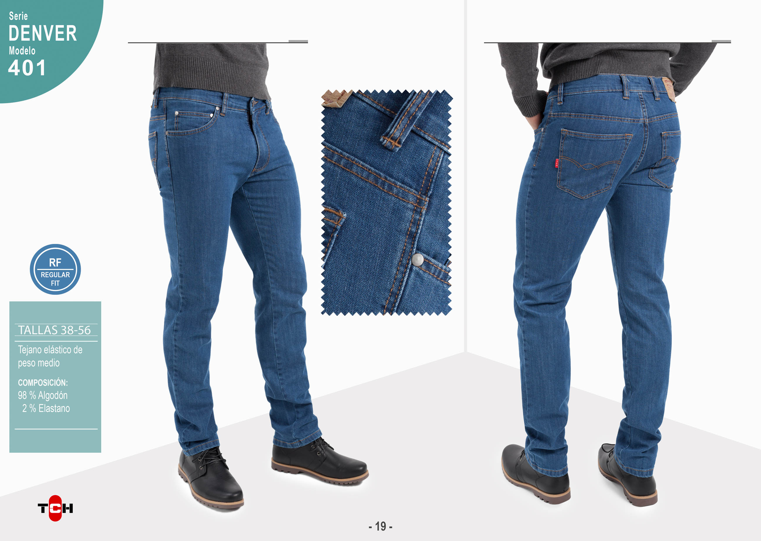 Pantalón TCH Jeans 5 bolsillos en tejido denim vaquero azul con lycra e hilos en contraste.