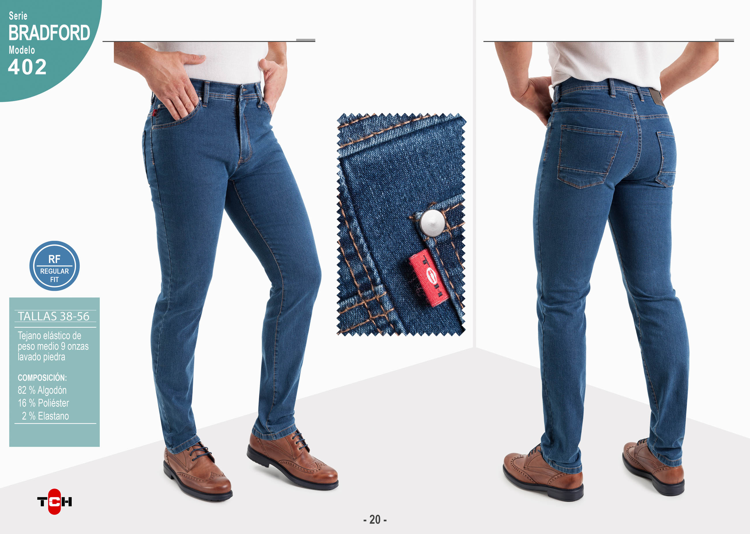Jeans para hombre, pantalón vaquero en tejido denim azul piedra de algodón con lycra e hilo a contraste en línea Regular Fit.