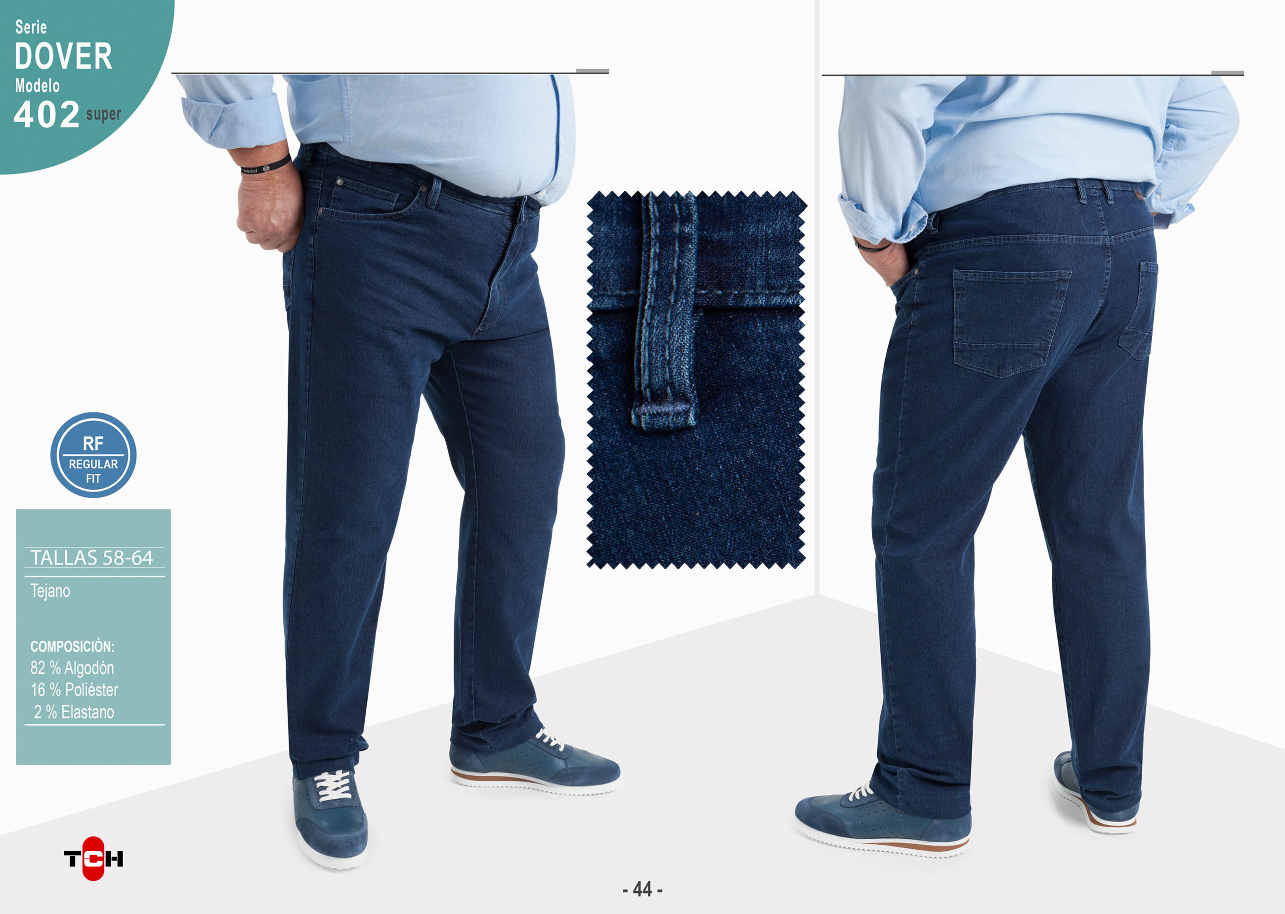 Jeans para hombre de tallas grandes en tejido vaquero azul medio elástico con remaches de adorno. Regular Fit