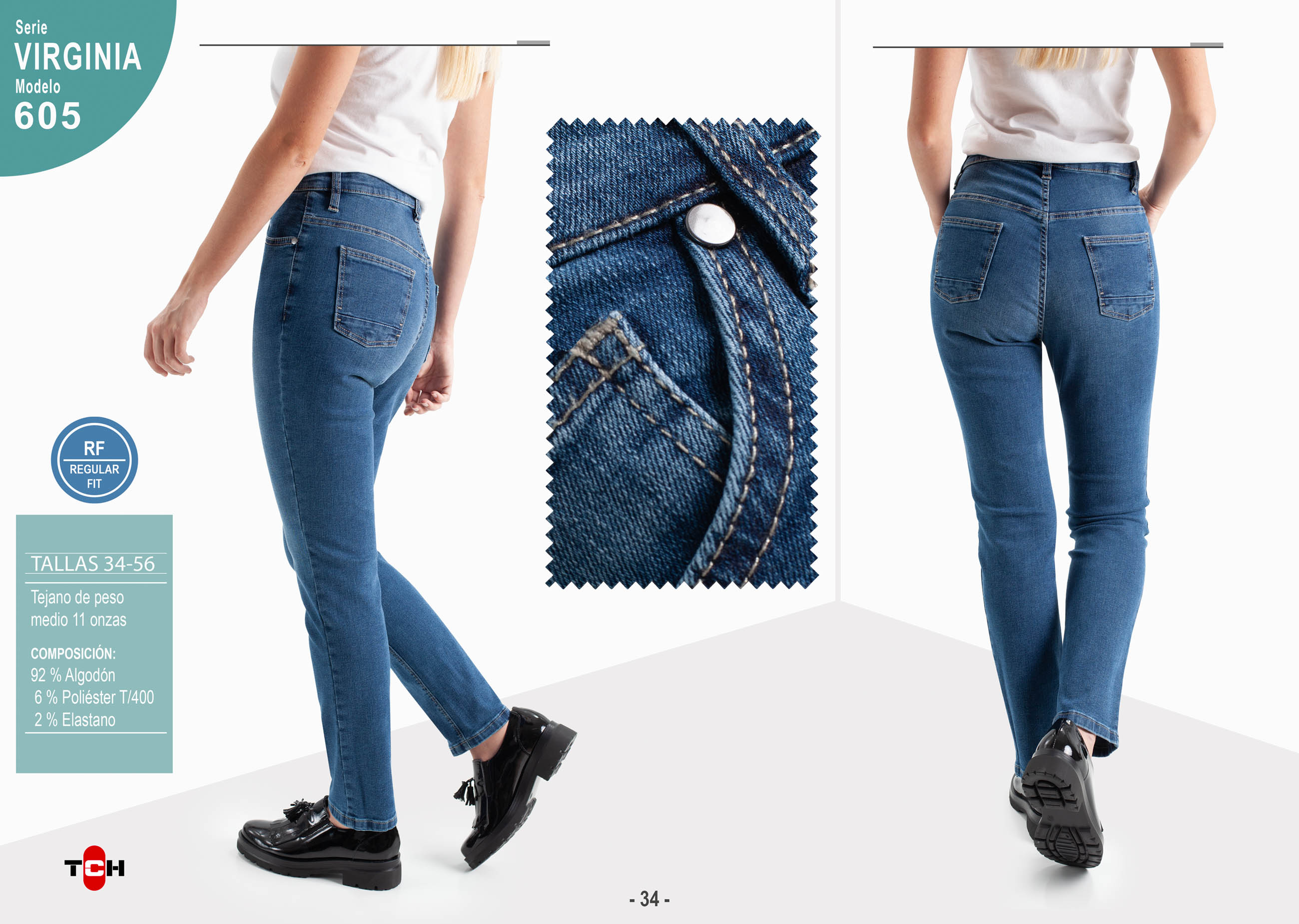 Pantalón vaquero TCH Jeans elástico ajustado de mujer fabricado en tejido denim de algodón con Lycra.