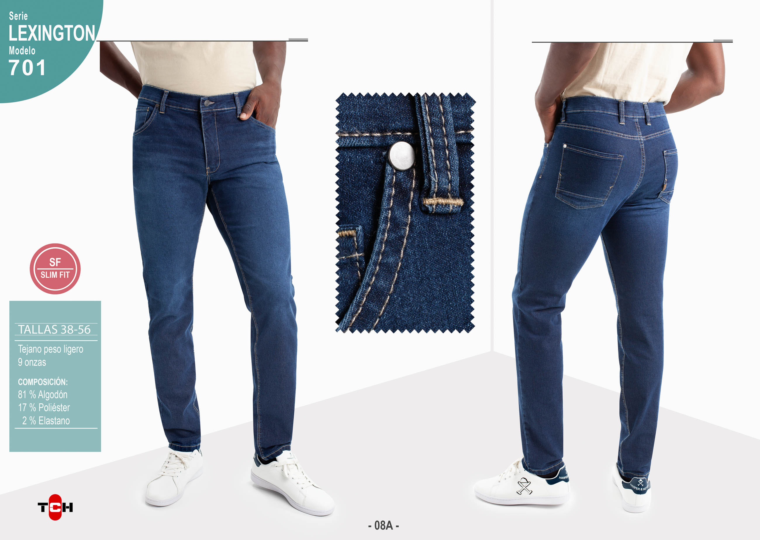 Jeans de hombre, pantalón vaquero en tejido denim azul lavado con desgastes de algodón con lycra e hilo a contraste en línea Slim Fit.