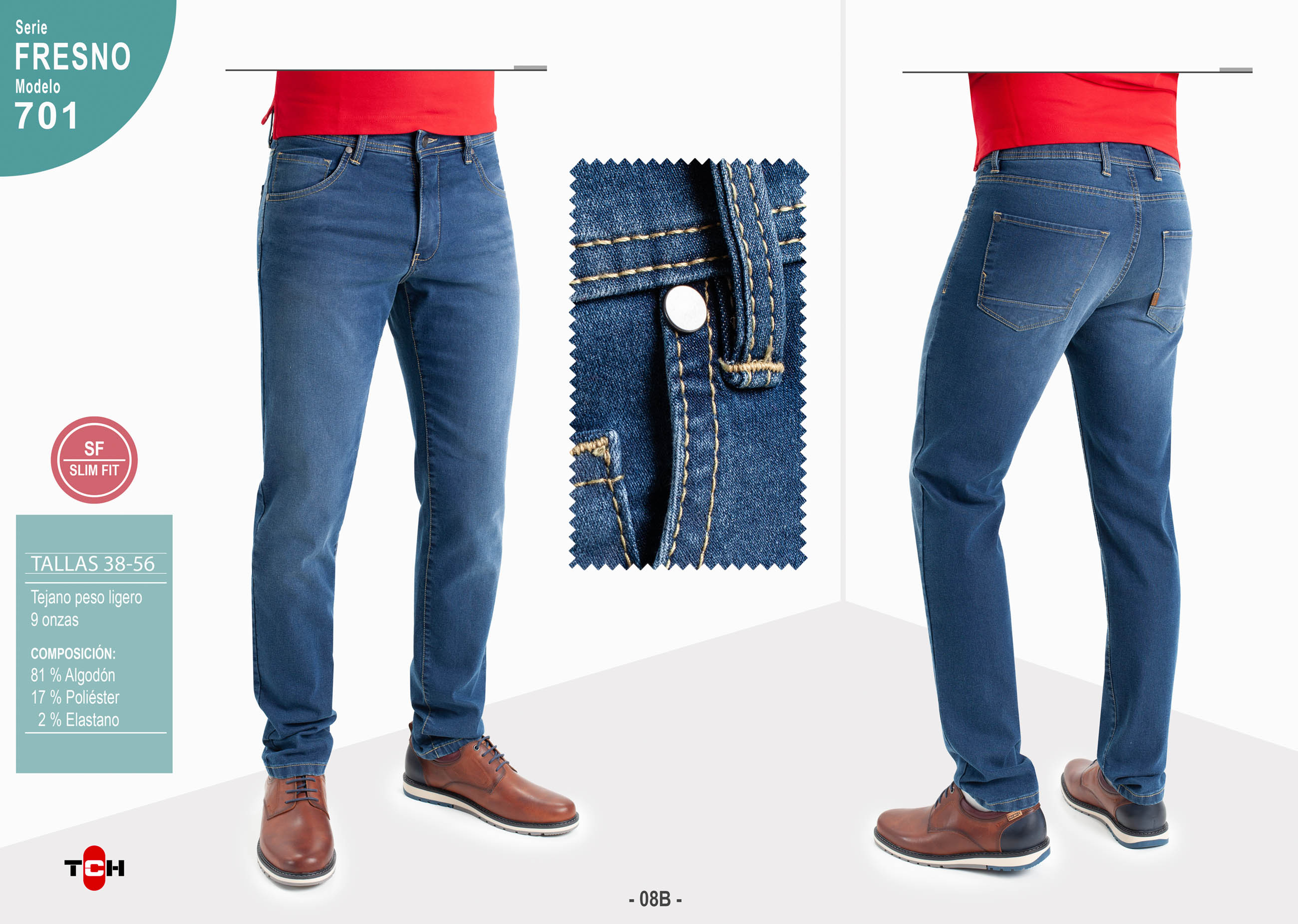 Jeans de hombre, pantalón vaquero en tejido denim azul medio lavado con desgastes de algodón con lycra e hilo a contraste en línea Slim Fit.