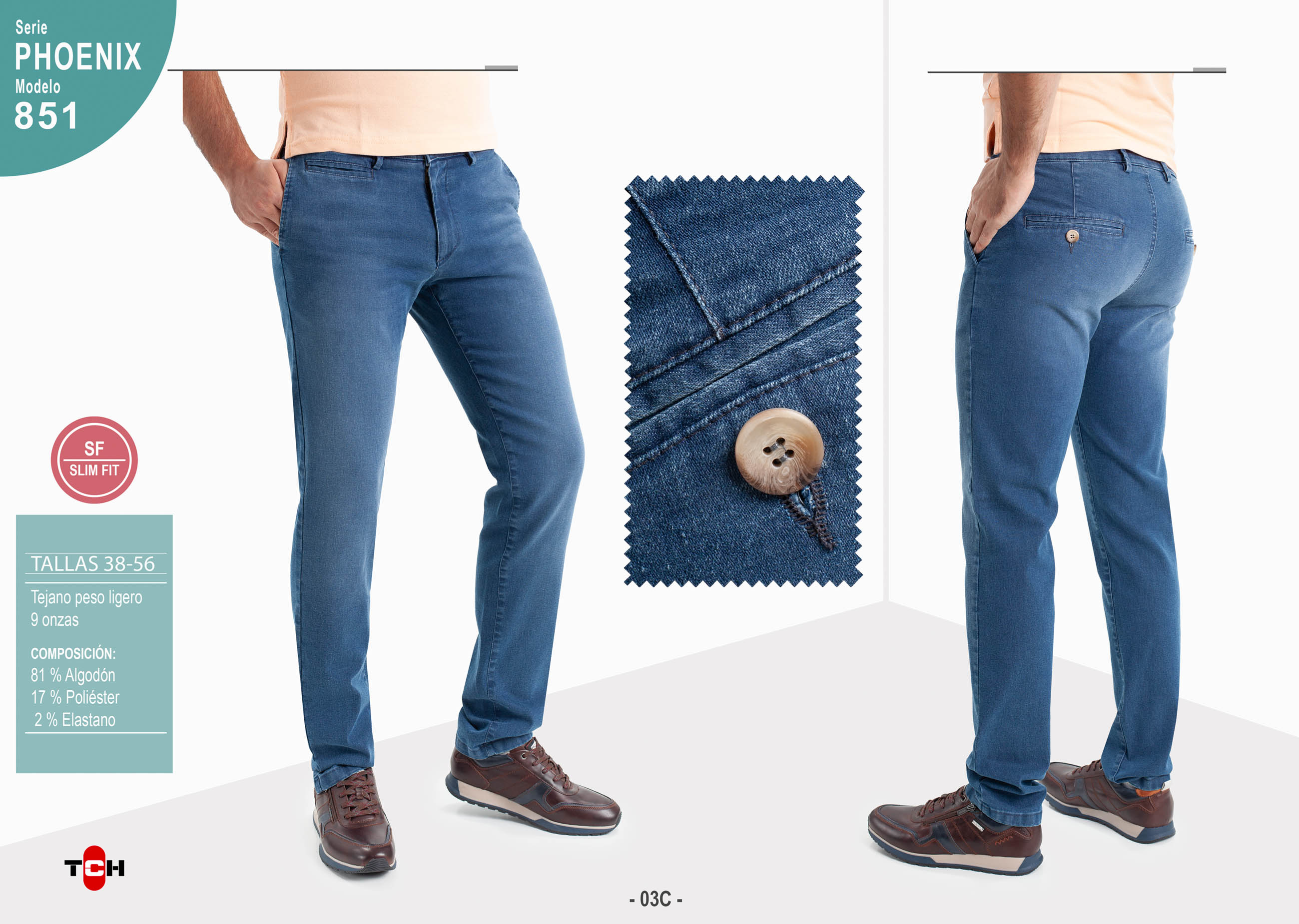 Pantalón de hombre TCH Casual Sport tipo chino tejido vaquero denim lavado azul medio de algodón, poliester con lycra SLIM fabricado en España.