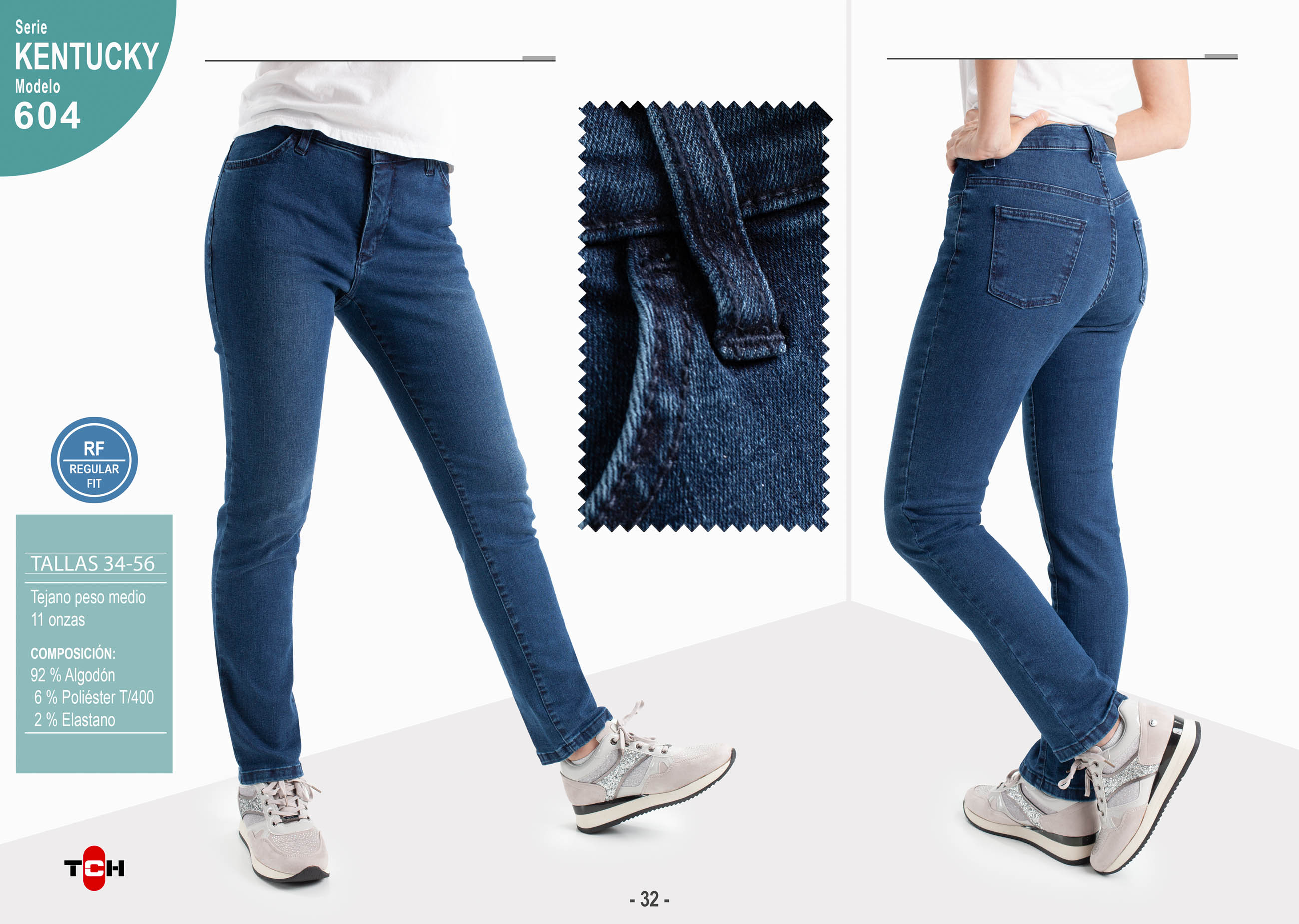Pantalón vaquero TCH Jeans elástico ajustado de mujer fabricado en tejido denim oscuro de algodón con Lycra.