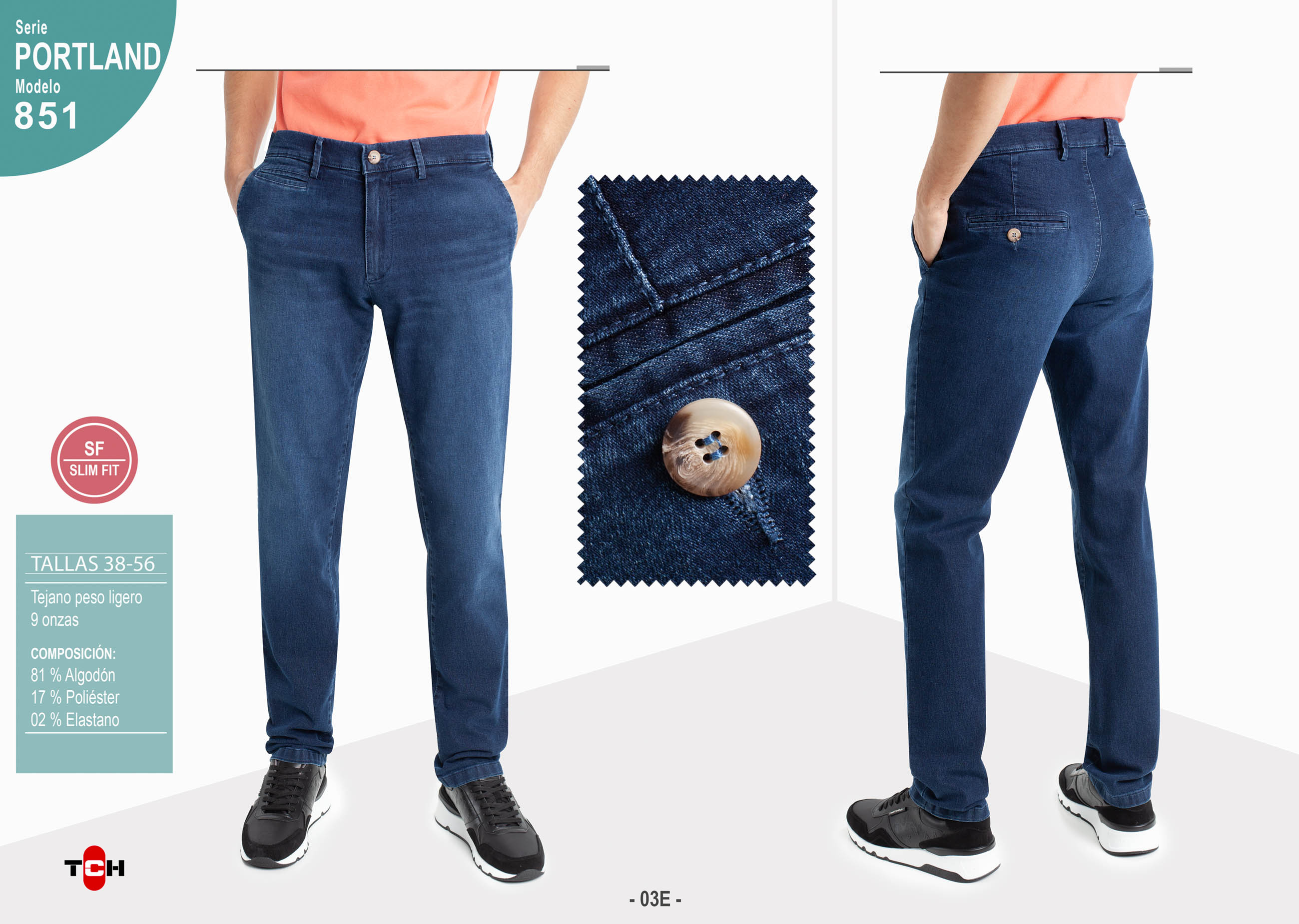 Pantalón de hombre TCH Casual Sport tipo chino tejido vaquero denim lavado azul oscuro de algodón, poliester con lycra SLIM fabricado en España.
